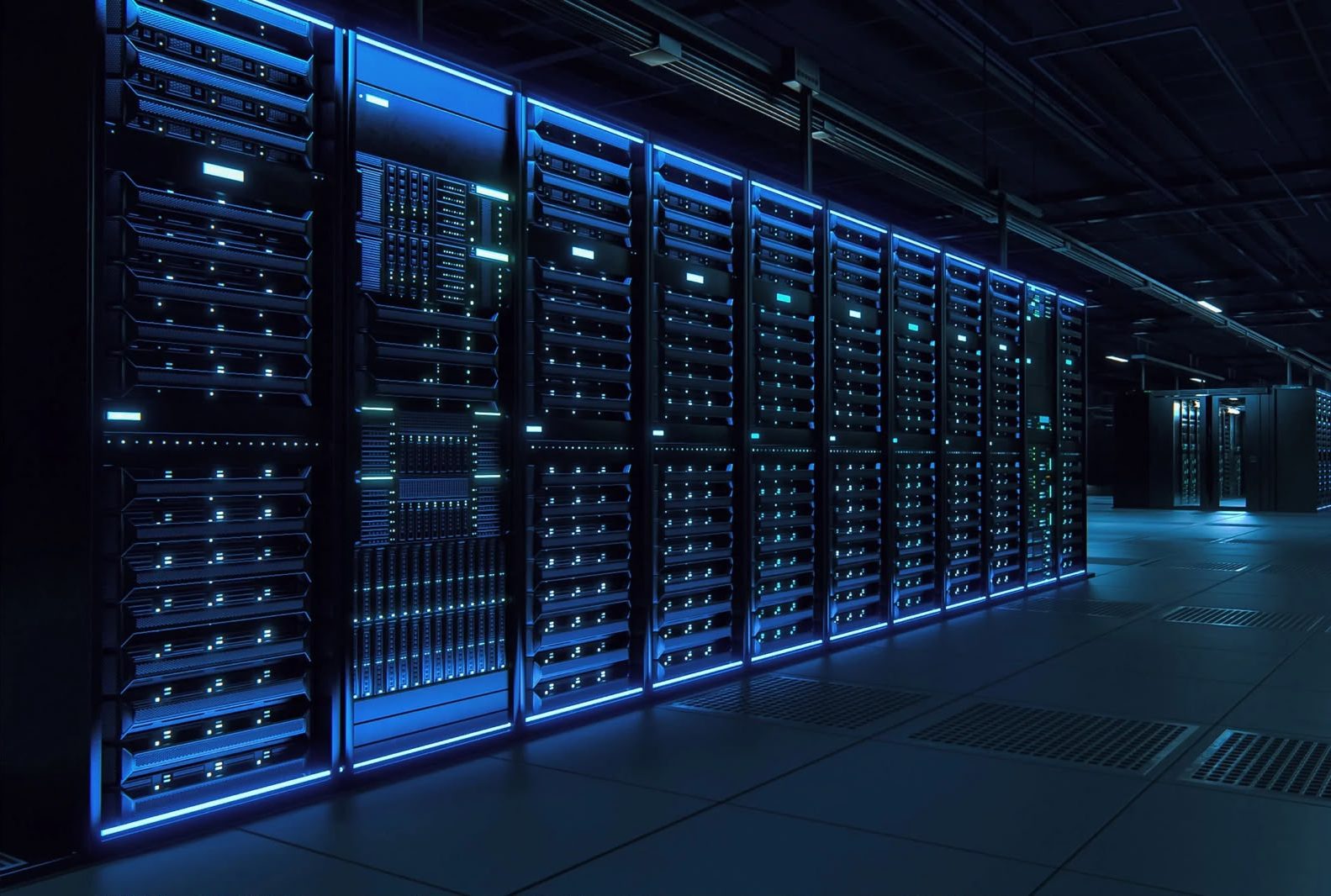Rows of illuminated server racks in a data center